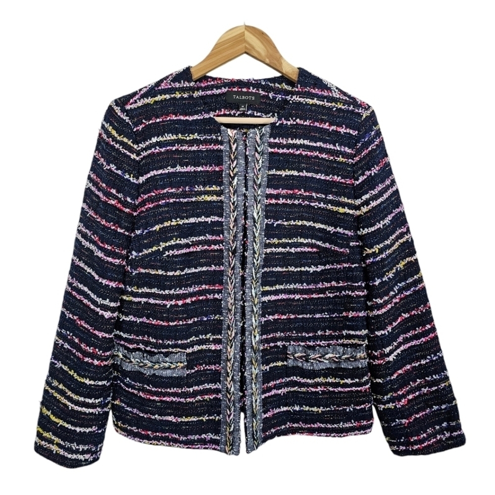 Talbots Fringe Tweed Blazer Jacket 16 Women Black Rainbow Career Business Casual - Picture 2 of 13